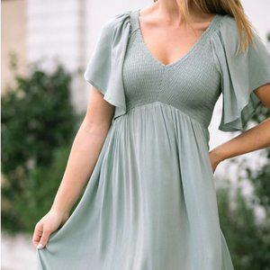 Baltic Born Felicity Smocked Midi Dress in Dusty Sage